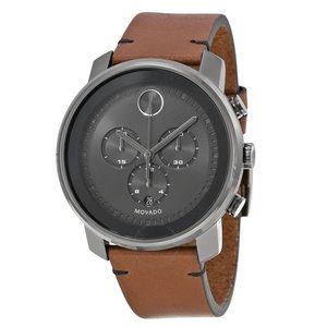 MOVADO BOLD NEW Box Chronograph Quartz Grey Dial Brown Leather Strap Watch Men’s